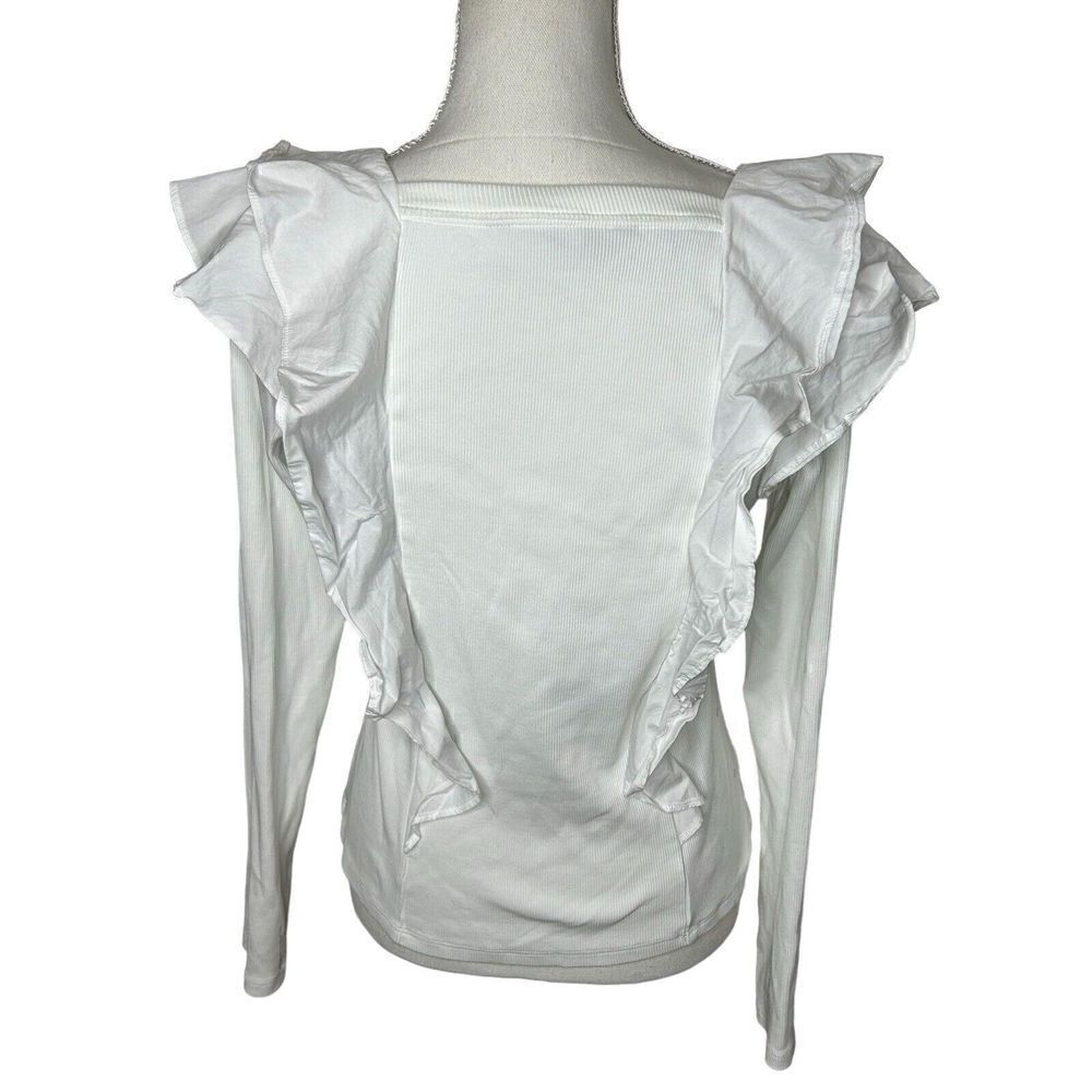 VERONICA BEARD Jeans Gidea White Ribbed Rib Knit Ruffle Cotton Poplin Top M - Picture 8 of 10